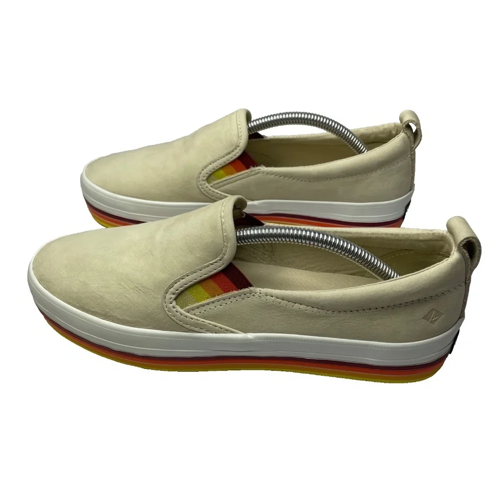 Sperry Top Sider Boat Shoes Womens 7.5 Tan Rainbow Pride Slip On Leather Sneaker